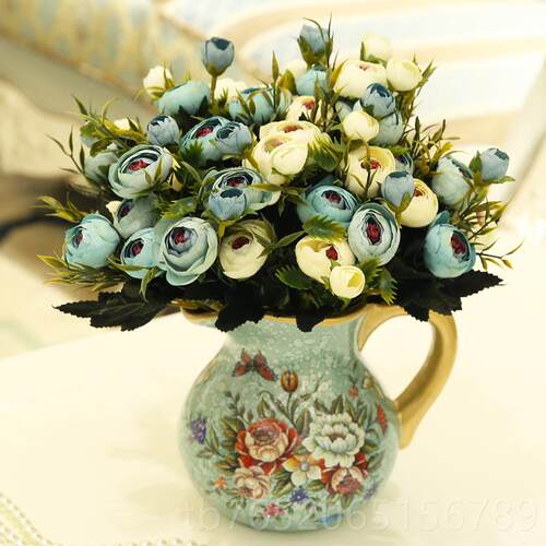 正品欧式田园古彩绘陶瓷复花瓶饰 美式乡村客厅花装摆件干花插器