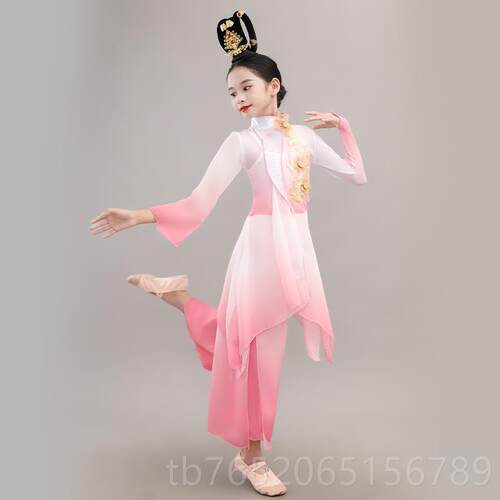 正品风古儿童女中国汉古风表演出练服功扇子典伞舞服装韵身纱衣秧
