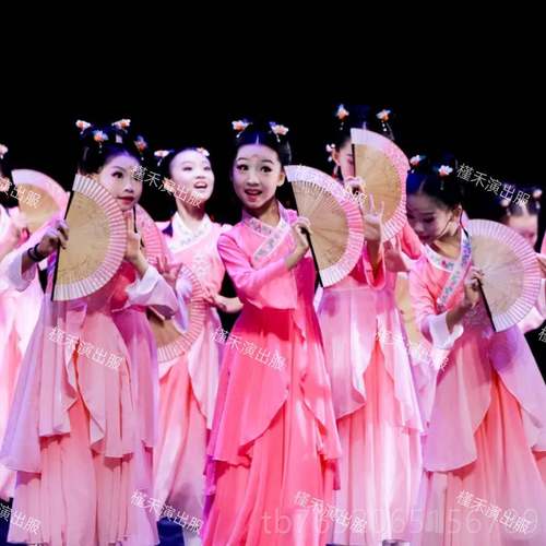 正品春语莺啼舞蹈儿古典舞服演出飘服新款中国舞童群舞表演服逸扇