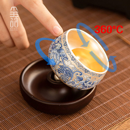 2024新款鎏银转意青花主人杯家用高档个人专用茶杯品茗杯旋转杯子