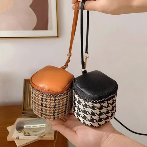 千鸟格帆布迷你水桶包女生高级拉链钱包百搭口红包化妆包手拎小包