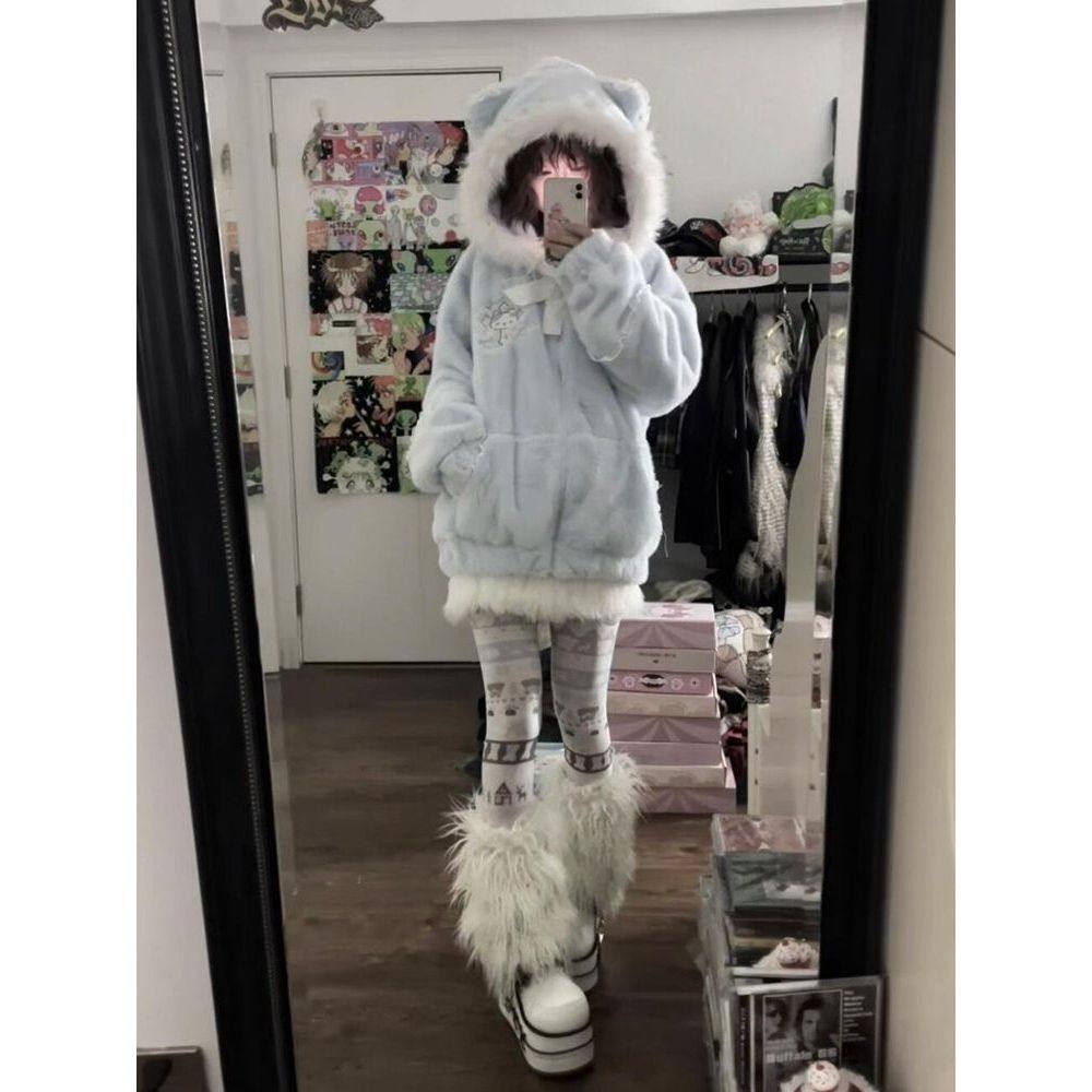 暖冬叙事 冬季新款古早奈奈水色连帽甜酷少女穿搭学院风毛绒外套,女装/女士精品,短外套,淘宝优惠券,粉丝福利购,淘宝优惠卷