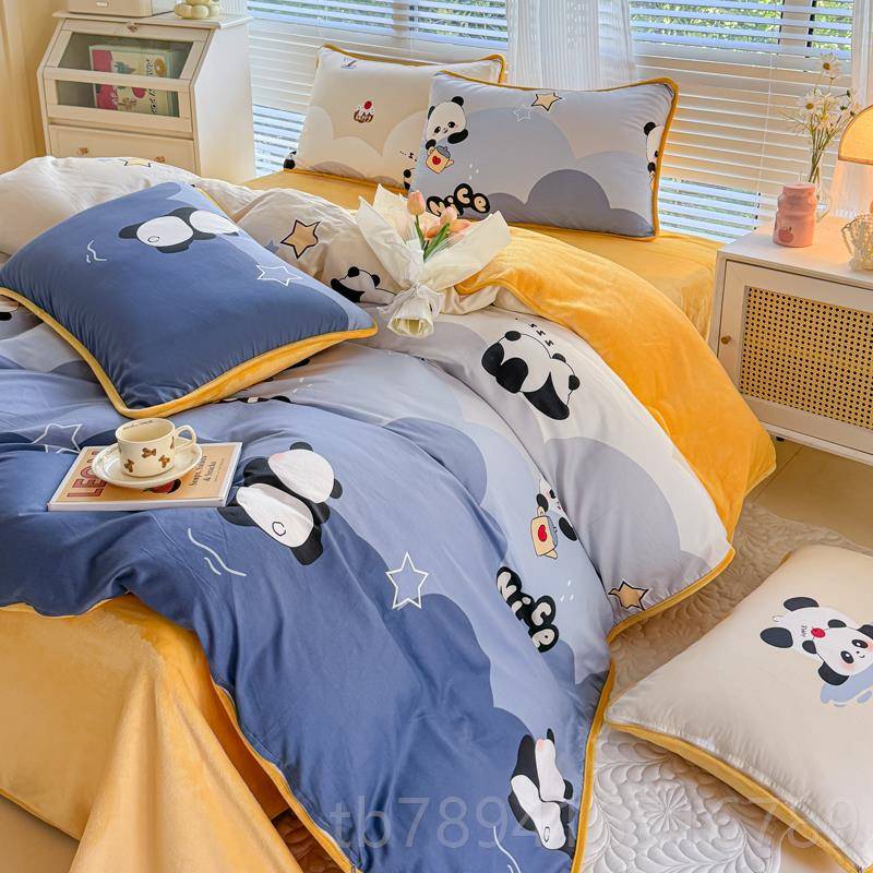 高档a冬天床上纯棉珊瑚四件套单面一面加绒绒被套b面秋冬款牛奶床