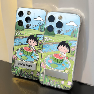 无边框13透明适用iPhone14硬卡通12ProMax可爱VIVOx300苹果16夏日小丸子15PLUS手机壳带支架小米17超薄少女心