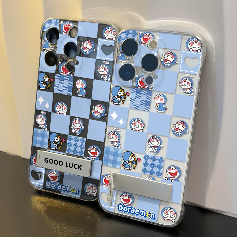 iPhone14适用硬15plus无边框苹果13手机壳带支架12ProMax超薄一加ACE5棋盘格叮当猫16透明VIVOx200可爱高级感