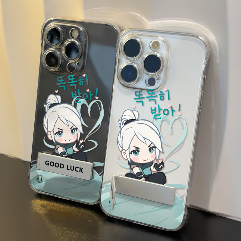 无边框适用iPhone15PLUS手机壳带支架14ProMax无畏契约捷风FINDX9高级感13透明硬12苹果17超薄16卡通VIVOX300