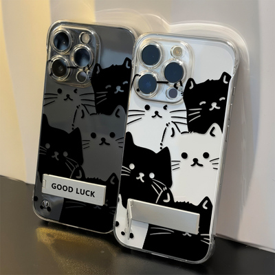 红米k90带支架13超薄17ProMax探头黑白猫咪iPhone16手机壳硬华为NOVA11适用15透明无边框苹果14plus可爱x300s