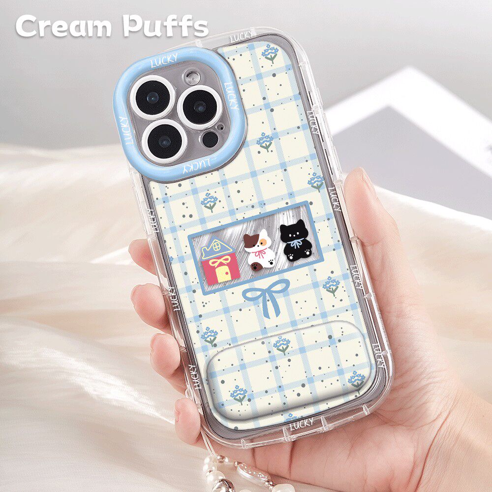 红米note15手机壳软苹果14Plus镜子支架13少女心一加ACE6蓝白格纹猫咪17ProMax适用iPhone16带挂绳iqooz9可爱