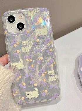 16ProMax创意苹果14硬羽纱OPPOFINDX8Pro小清新15plus紫色碎花小猫适用iPhone12手机壳ins风iQOO13真我gt7pro