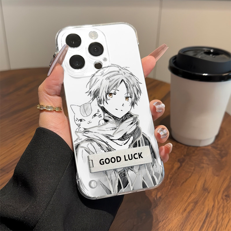 线稿夏目友人帐适用16e高级感iPhone13Promax透明手机壳带支架硬苹果12超薄小米15卡通14plus无边框OPPOA5Pro