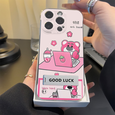 iPhone14pm高级感适用一加15硬16plus手机壳带支架可爱苹果17无边框13ProMax超薄12透明工作草莓熊华为NOVA14