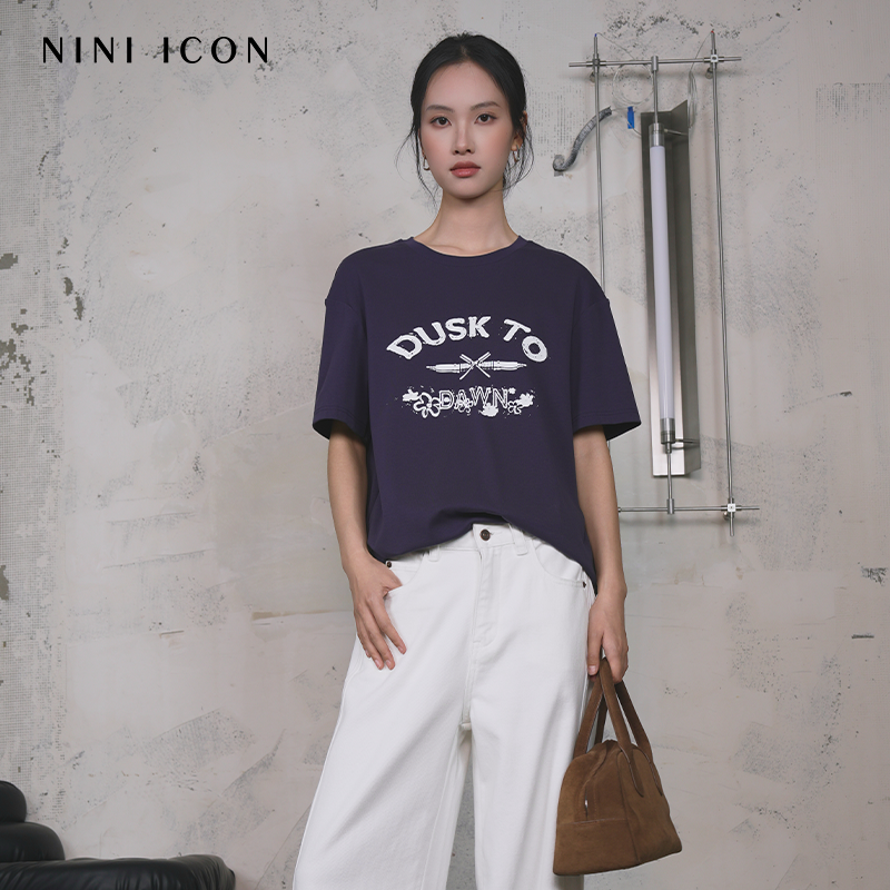 NINI ICON商场同款2025夏季新款纯色圆领字母印花T恤休闲百搭上衣