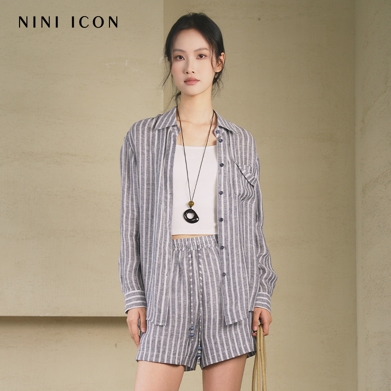 NINI ICON商场同款2025夏季新款休闲宽松百搭气质条纹衬衫上衣女