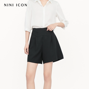 醋酸黑色高腰闊腿休閑褲 NINI 新款 收腰顯瘦百搭短褲 ICON2025夏季