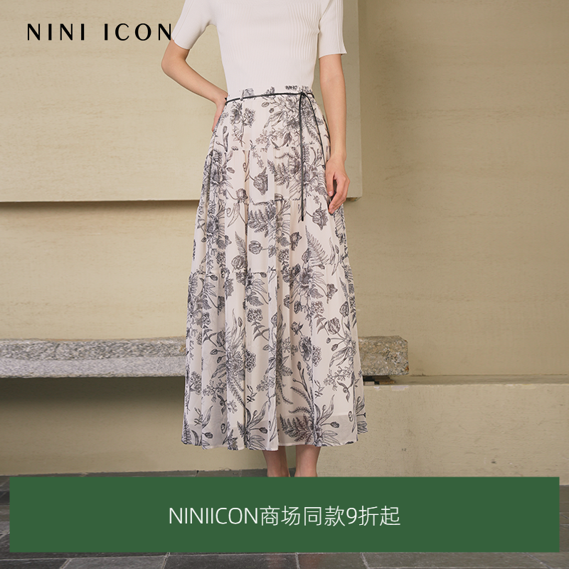 NINI ICON商场同款2025夏季新款高腰A字印花半身裙时尚气质长裙