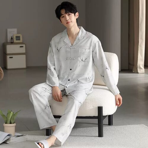新中式男士印花家居服套装长袖开衫舒适可外穿居家服