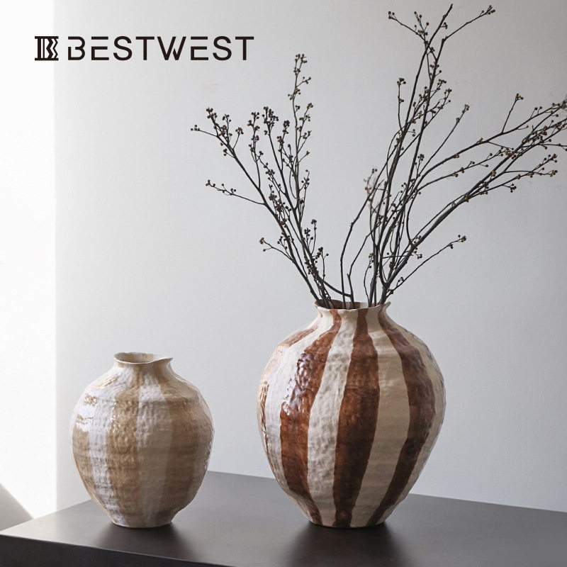 Bestwest侘俶新中式复古条纹大肚陶瓷花瓶花器酒店民宿会所样板间,橡塑材料及制品,其他塑料制品,淘宝优惠券,粉丝福利购,淘宝优惠卷