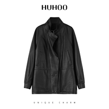 呼呼huhoo 土耳其绵羊皮立领短款皮衣美式复古机车外套时尚