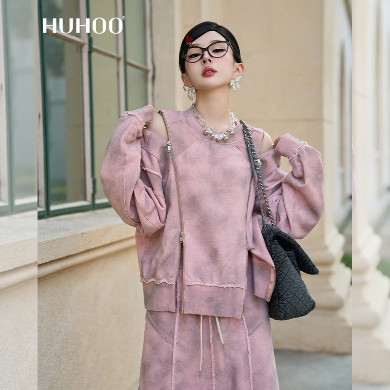 呼呼huhoo 解构主义 一衣多穿圆领卫衣外套女25新款时尚长袖上衣