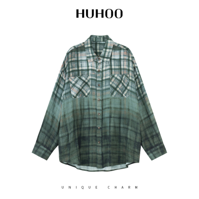 呼呼huhoo 亚麻棉格纹衬衫宽松复古拼接潮流出片休闲上衣