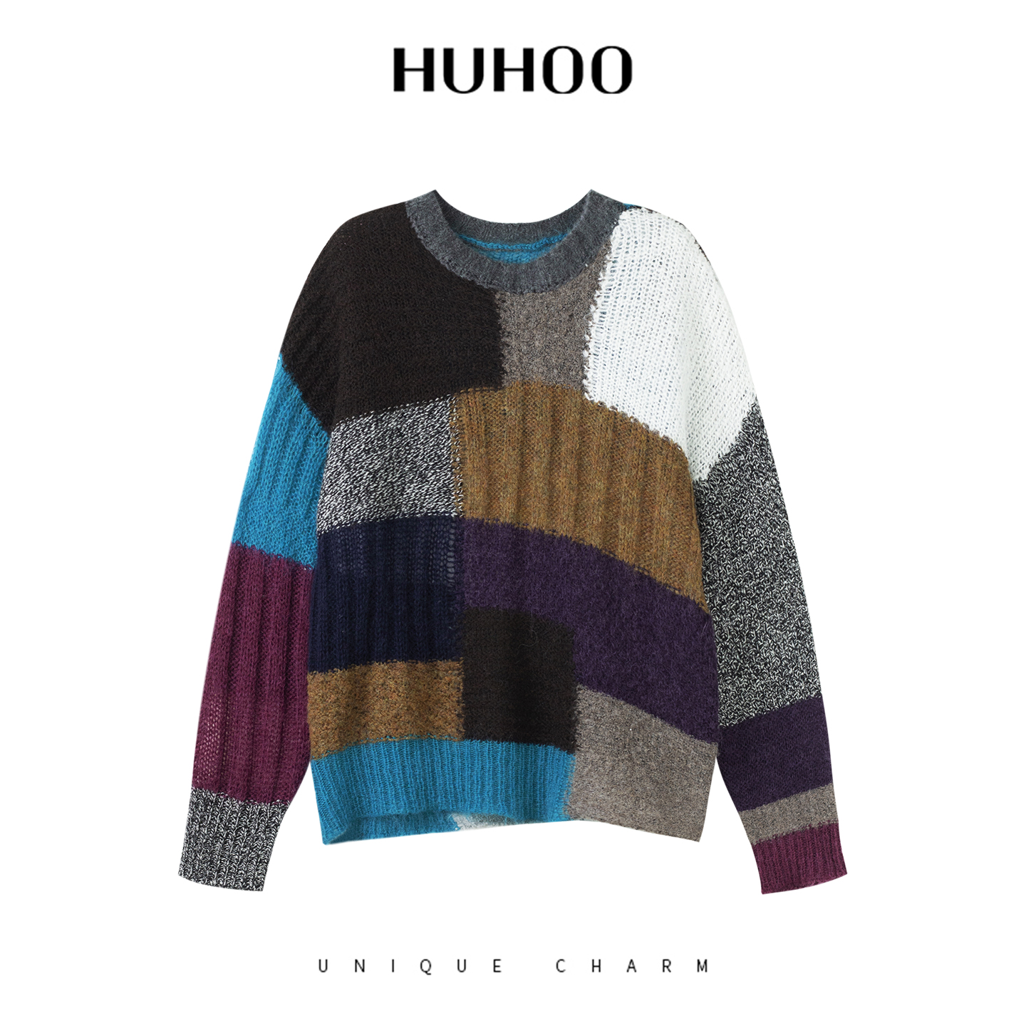 呼呼huhoo 马海毛绵羊毛拼接色毛衣复古手工感宽松上衣