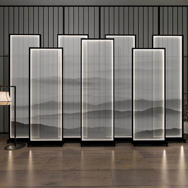 新中式铝合金屏风隔断酒店带灯背景墙装饰玄关客厅遮挡办公室座屏