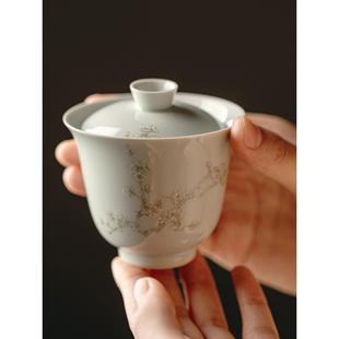 复古青梅花盖碗茶杯泡两才茶碗青花瓷纯手工小号薄胎瓷器 中式