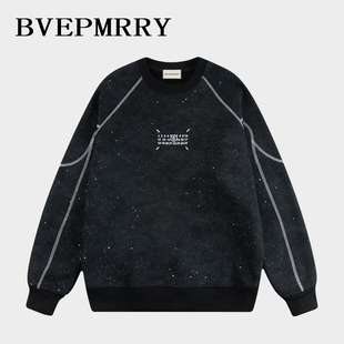 BVEPMRRY爆闪设计感明线复古扎染刺绣卫衣秋冬加绒加厚圆领上衣