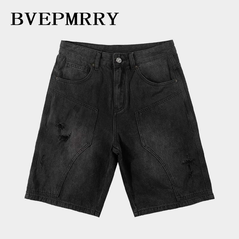 BVEPMRRY男士黑色牛仔短裤破洞百搭时尚潮流设计感新款春夏中裤