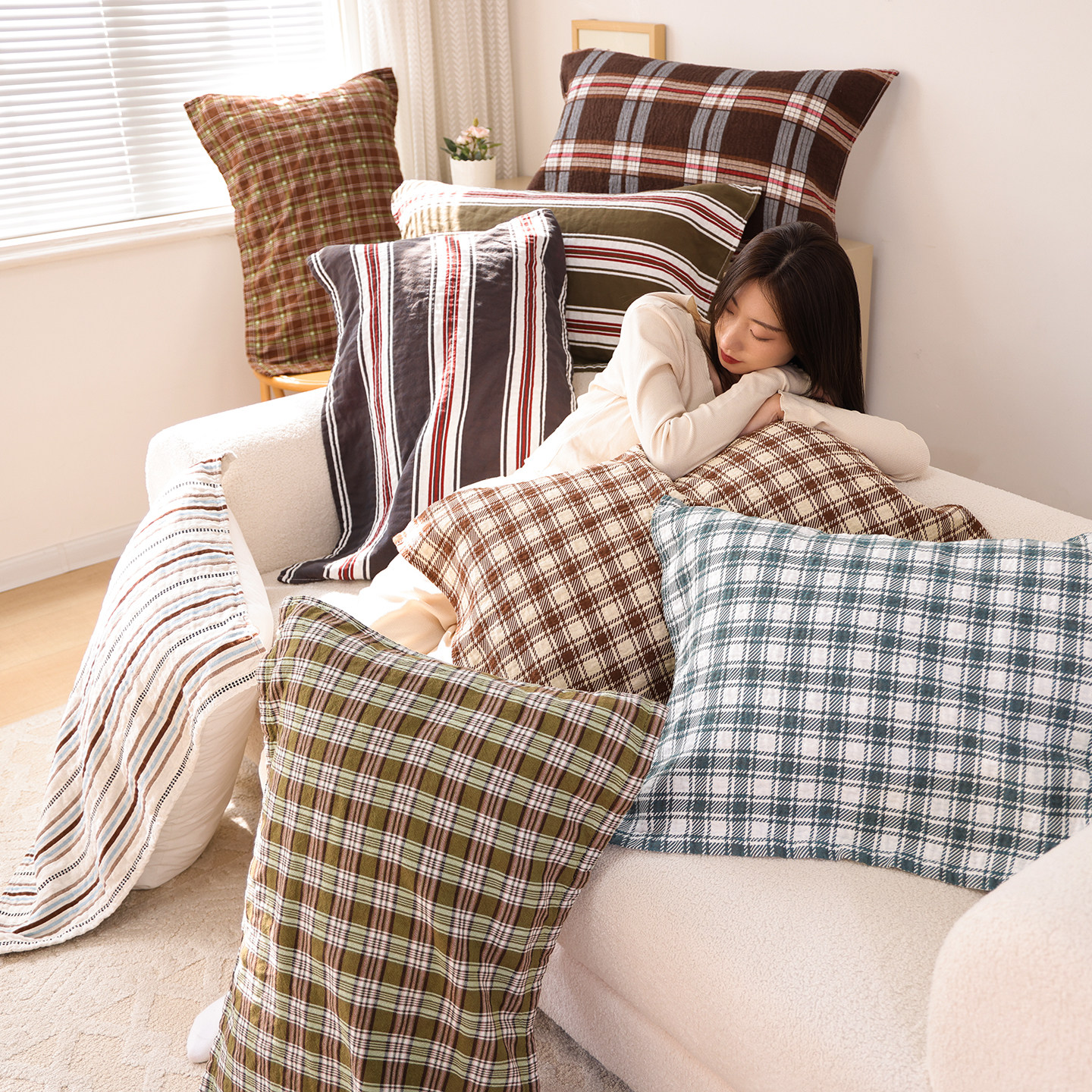 100%纯棉纱布枕巾一对装全棉透气吸汗枕头巾家用成人格子枕头盖巾,床上用品,枕巾,淘宝优惠券,粉丝福利购,淘宝优惠卷