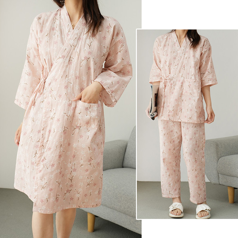 日系清新 女士纯j棉纱布家居套装 汗蒸浴袍睡衣睡裤晨袍起居服夏