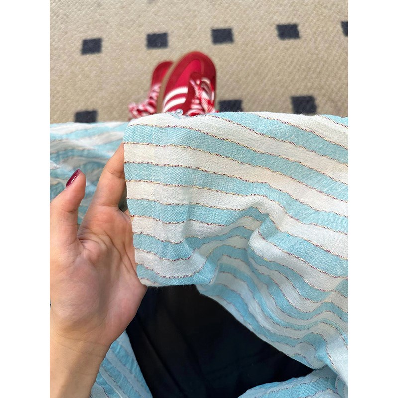 薄荷曼波条纹休闲裤女夏季薄款胖妹妹mm高腰宽R松显瘦垂感阔腿长