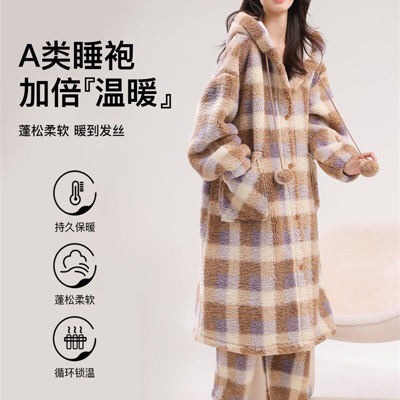 巨巨厚!睡袍女冬季珊瑚绒连帽格子秋冬款M家居服加长款浴袍睡衣