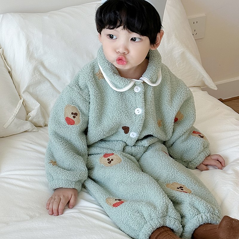 儿童睡衣秋冬季加绒加厚珊瑚绒男童女孩法兰绒宝R宝家居服套装冬