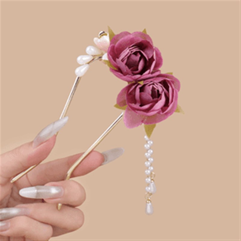 甜美氛围感蔷薇花U型珠珠流苏发簪搭旗袍汉服后脑勺X盘发国风簪子