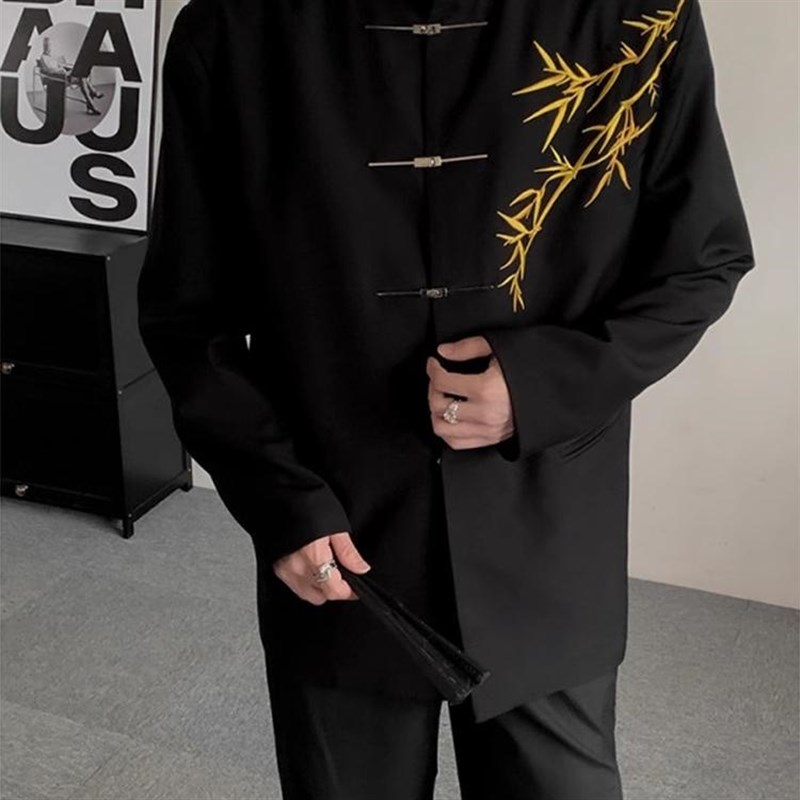 新中式男士订婚衣服套装国风立领中山装金竹刺绣男孩成.人礼服西