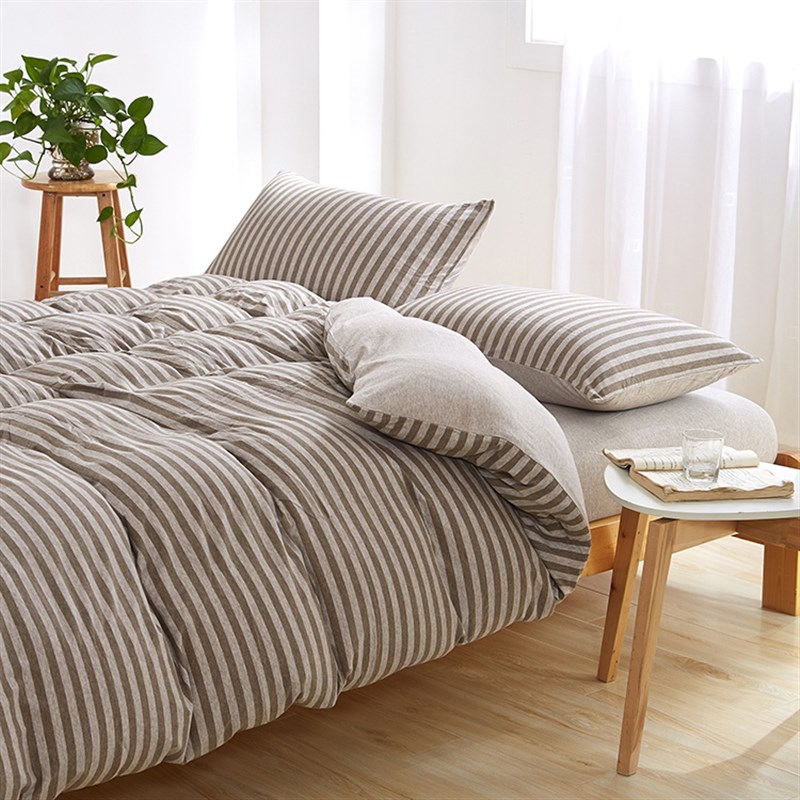 床笠针织棉天竺棉四件套裸睡简约条纹全棉床上R用品被套纯棉4件套