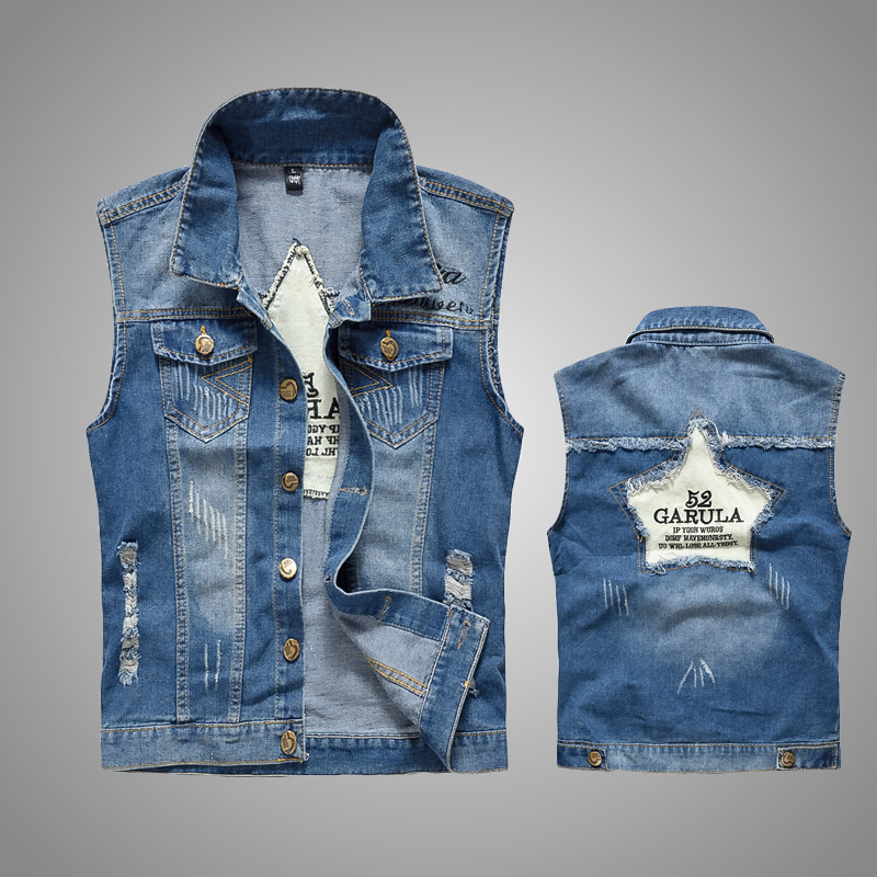 夏秋季韩版牛仔马甲n男士修身破洞背心男装潮无袖坎肩马夹大码马