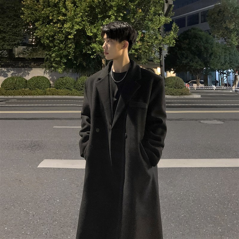 毛呢大衣男灰色秋冬季中长款加厚宽松过膝风衣男韩版Y呢子西装外