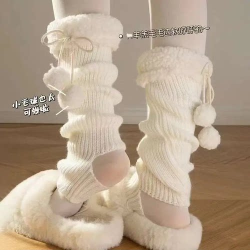 羊羔毛绒腿套冬天腿套jk蝴蝶结毛球可爱仿羊绒保暖堆堆袜子秋冬款