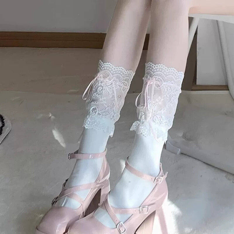 日系甜美蕾丝绑丝带过膝袜