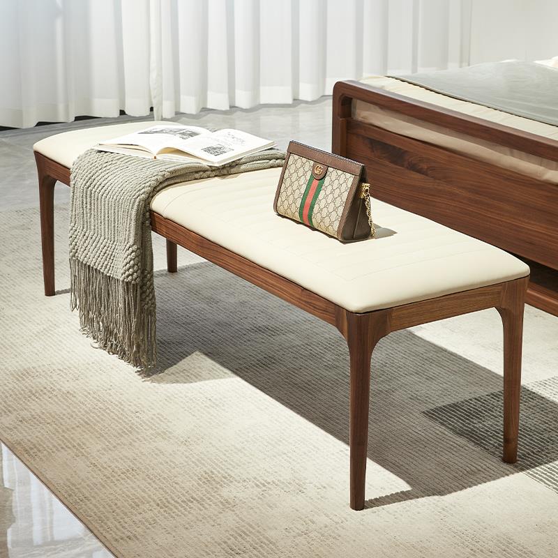 水墨兰亭北美黑胡桃实木床尾凳北欧简约床边原木软包长凳家用床榻