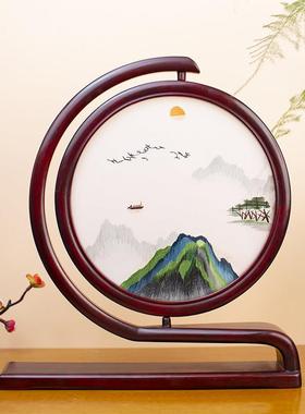 新中式创意摆件苏州双面绣摆台成品原木手工刺绣桌面台屏特色礼品