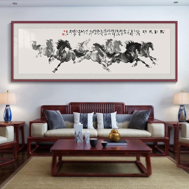 八骏图马到成功墙壁画客厅挂画山水画新中式装饰画办公室国画