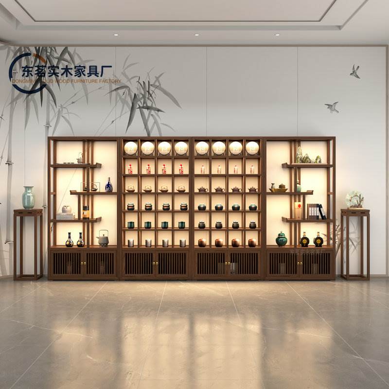 老榆木博古架实木新中式茶叶架展示架多宝阁组合带灯书架陈列柜
