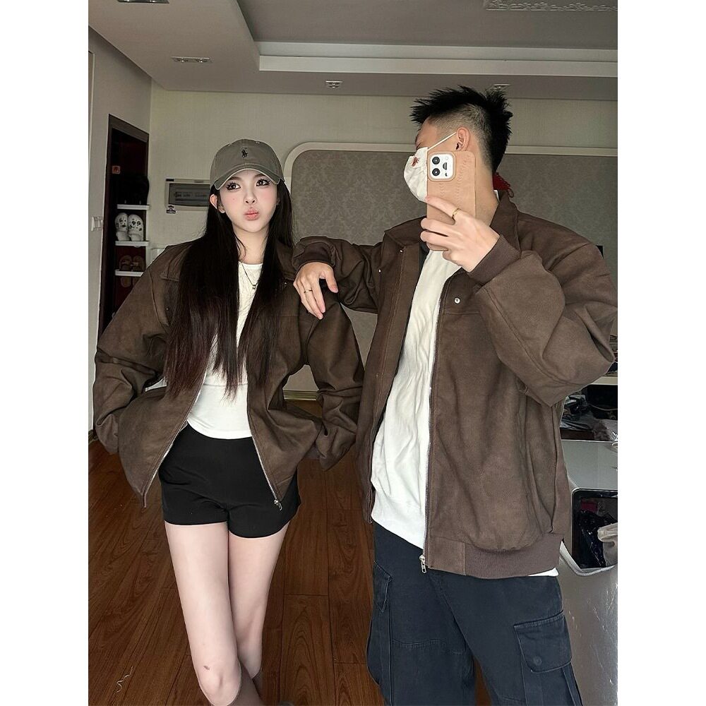 情侣装美式复古棕色皮衣