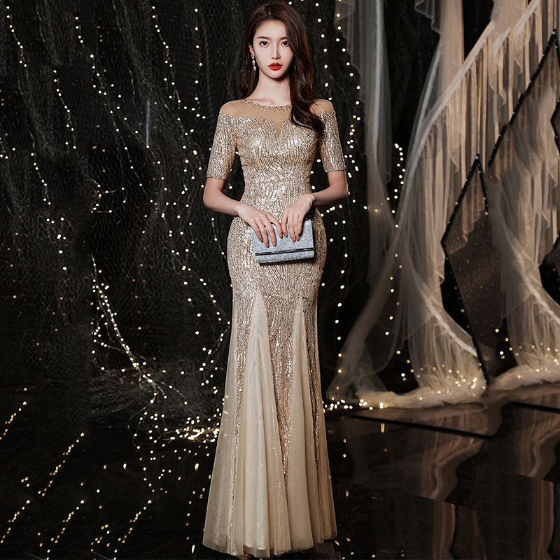 鱼尾晚礼服裙新款亮片气质名媛派对礼服裙年会主持人晚宴礼服女