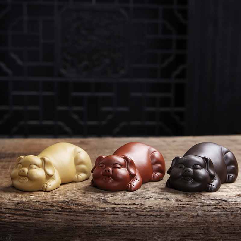 创意紫砂福气猪茶宠摆件可养茶玩茶道配件l价