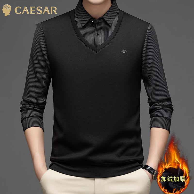 加绒假两件POLO衫加厚衬衫保暖卫衣