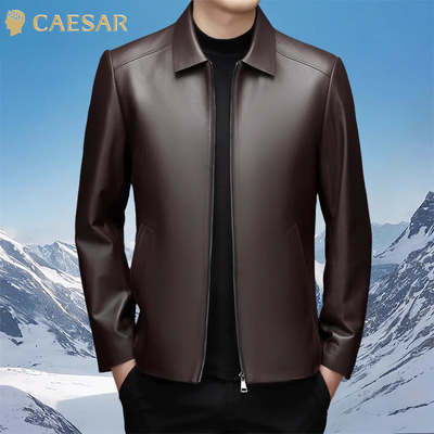 凯撒大帝皮衣男外套绵羊皮商务翻领中年爸爸装秋冬款皮衣外套J